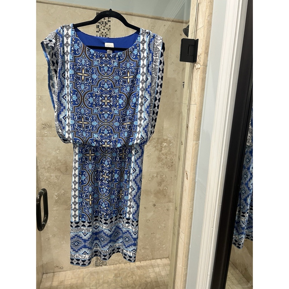 Chico's Dress Womens 1 Blue Mixed Print Batik Blouson Waist Jersey Knit M